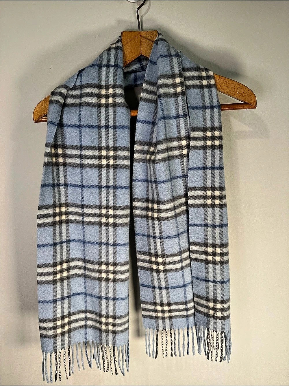 Vintage Burberry London 100% Cashmere Blue Nova Check Scarf Made in England